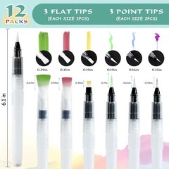 12Pcs Watercolor Brush Pens, Premium Water 6 point tip and 6 flat tip, White
