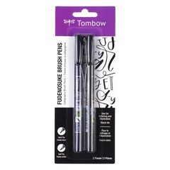 Fudenosuke Brush Pens, Hard and Soft Tip Brush Pens, Black, 2 Pack