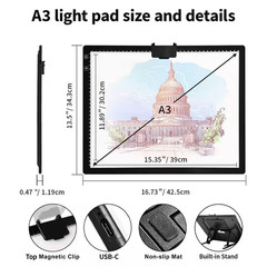 A3 LED Light Pad for Diamond Painting with Stand and Clip, 3 Colors Stepless Dim