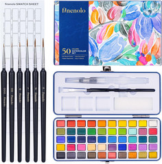 50 Colors Watercolor Paint Set with 8 Brushes (Water Brush + Detail Brushes), Mi
