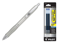 Pilot G2 Limited Metal Gel Pen .7mm Silver Barrel .38mm Blue Refills Office