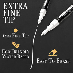 2 Extra Fine Tip White Chalk Markers | 1mm Tip | For Windows, Blackboard, Dry Er