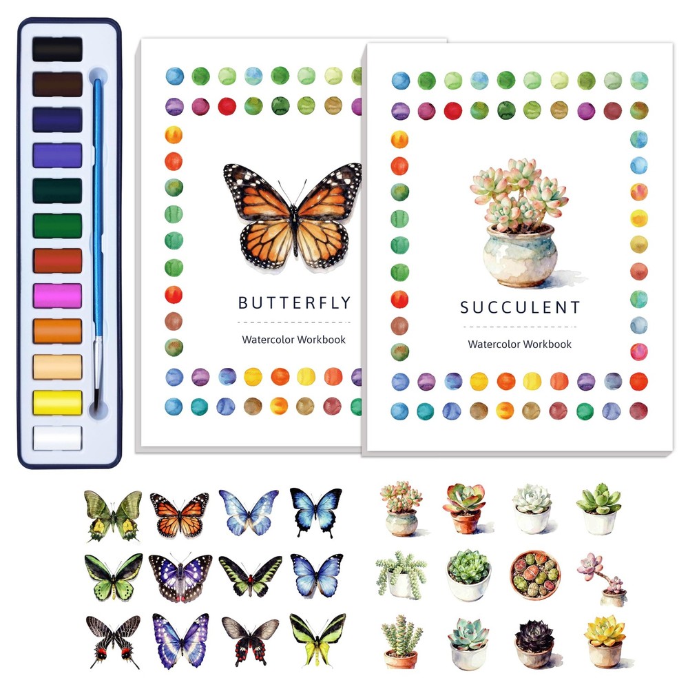 CraftyManor 2Pcs Watercolor Workbook Creative Water Butterfly & Succulent