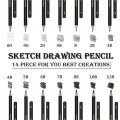 14 PCS Professional Drawing Sketch Graphite Pencil Set Fits 12B To 6H Art