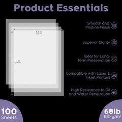 Vellum Paper 8.5 X 11 Translucent Printable, 100 Sheet（100Gsm/68Lb Vellum Tracin