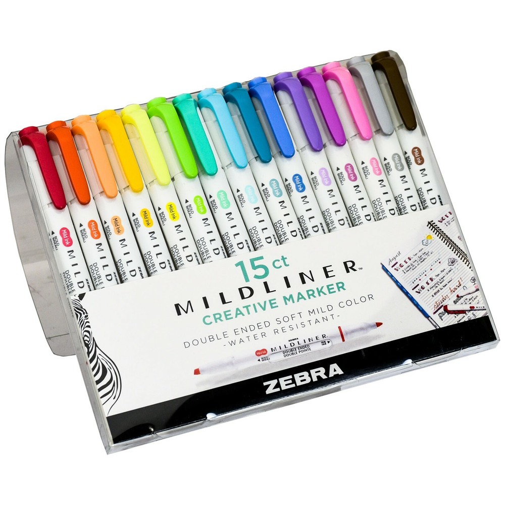 Zebra 78115 Mildliner Double Ended Creative Marker, Mild Ink, 15 Color Set