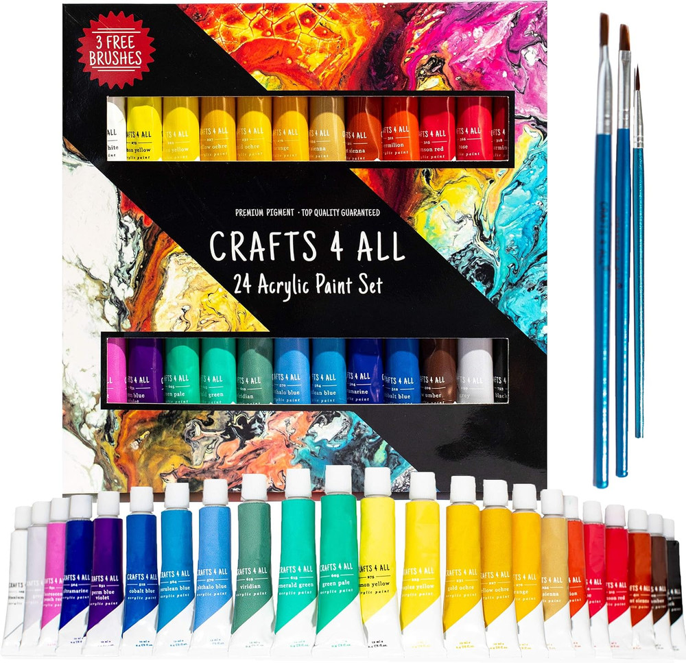 Acrylic Paint Set for Adults and Artists – 24 Pack of 12Ml Paints with 3 Art Bru