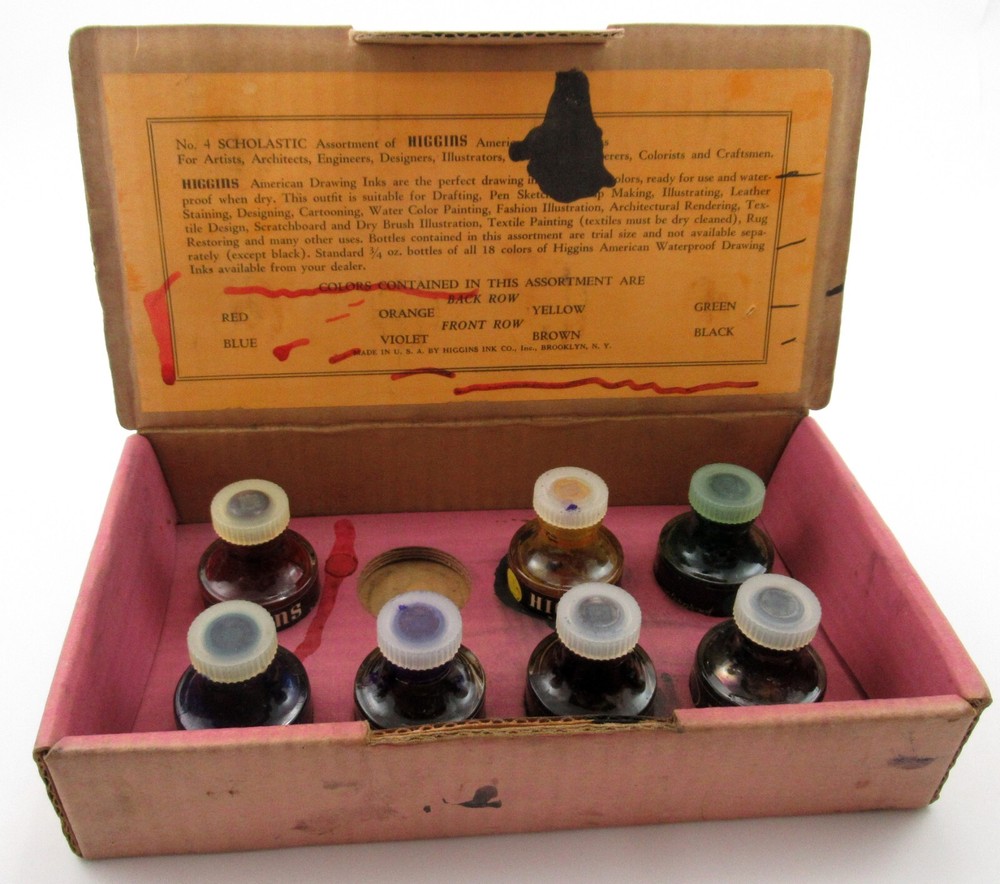 Vintage Higgins No. 4 Scholastic Assortment of American Drawing Inks in Box