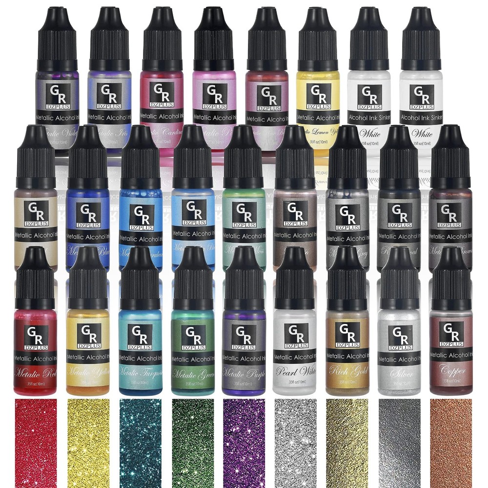 Metallic Alcohol Ink Set – 26 Colors for Resin Art, Fluid Art, Tumblers, Yupo