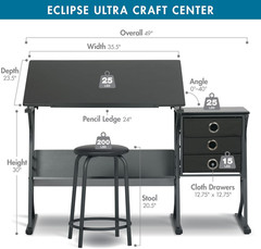 2 Piece Eclipse Ultra Center/Drawing Table with Stool, Angle Adjustable Top, Sto