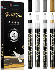 Stylo 4 Count Acrylic Metallic Pens – Black, Gold, Silver and White Paint Pens –