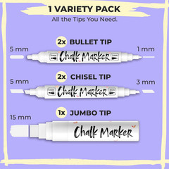 5 White Chalk Markers – Dual Tip, Fine & Jumbo Tip (1Mm, 3Mm, 5Mm, 15Mm) | Erasa