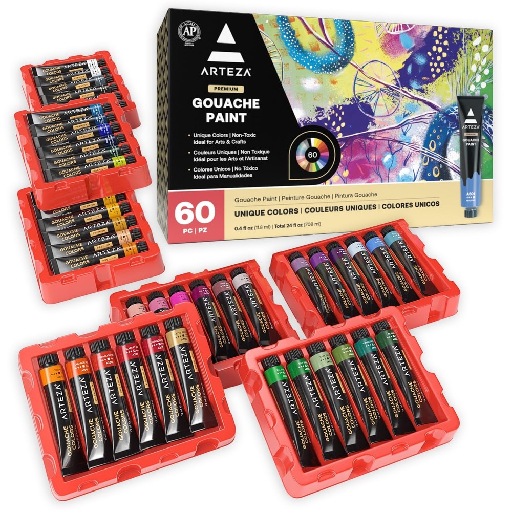 ARTEZA Gouache Paint, Set of 60, 12ml/0.4 US fl oz Gouache Paint Tubes for Pr…