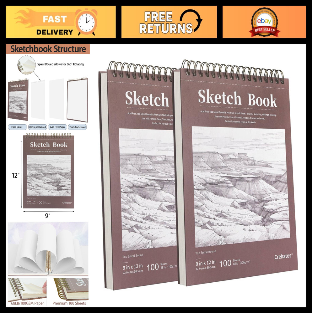 9″ x 12″ Top Spiral Sketch Pad – 100 Sheets 68lb/100gsm Drawing Paper, 2 Pack