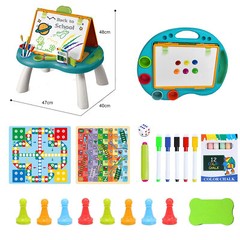 Kids 4 in 1 Foldable Art Easel Set Double Sided Whiteboard Chalkboard Boad Game