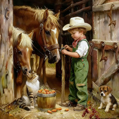 Paint by Numbers for Adults and Kids Beginner Vintage Cowboy Boy Horses, Cat, Pu