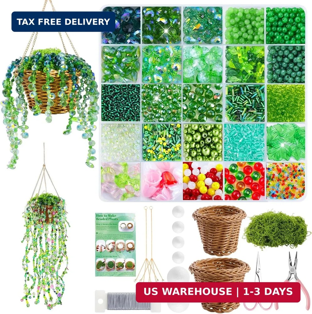 Wurosi 4074 Pcs Green Glass Beaded Plant Kit with Rattan Basket, Forever Plant B