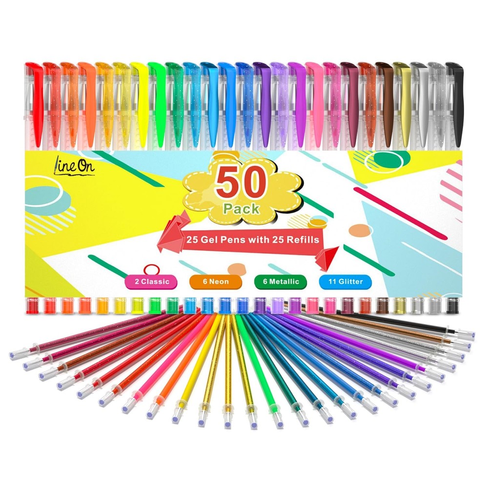 Gel Pens, 50 Pack Pen Set 25 Colored 1 Count (Pack of 50), Multicolor