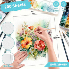OSIMIG 200 Sheets 9×12” Watercolor Paper Bulk, 110lb/230gsm Cold Press White Thi
