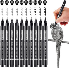 10 Size Black Micro Fineliner Pens Set, Waterproof Archival Ink Drawing Pens