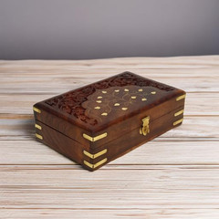Ajuny Handmade Wooden Jewellery Box with Brass Inlay for Women | Hand Carved Mul