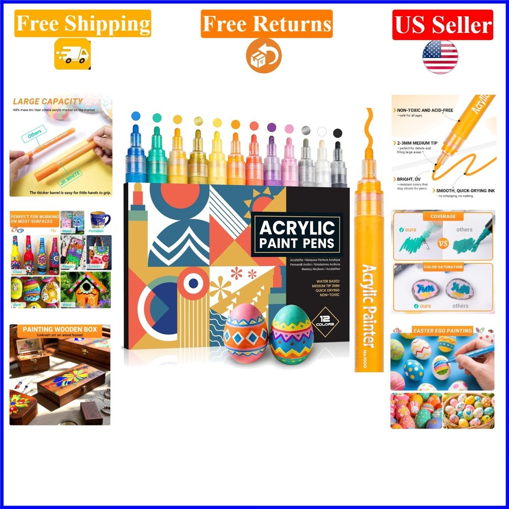 12 Color Acrylic Paint Markers for Crafts, Waterproof, 2mm Tips