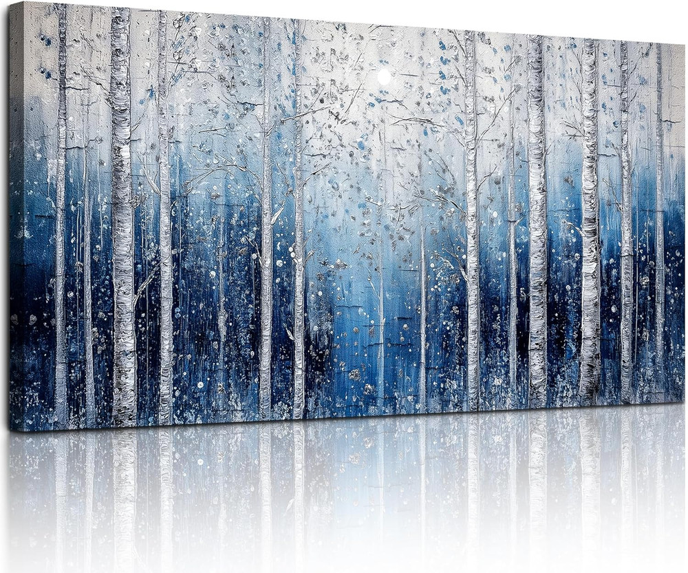 Extra Large Birch Forest Canvas Art – Blue & White Nature Wall Decor 29″x57