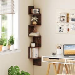 5-Tier Corner Shelf Floating Bookshelf Wall Mounted Storage Organizer-Rustic …
