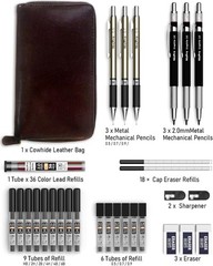 30PCS Art Mechanical Pencil Set in Leather Case, Metal Drafting Pencil
