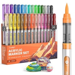 Acrylic Paint Markers Brush Tip 30 Colors, Water-Based No-Bleed Markers with …