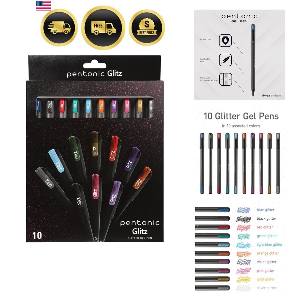 Glitter Gel Pens, 10 Count, 10 Assorted Colors, 1.0 mm Bold Point, Smooth Wri…