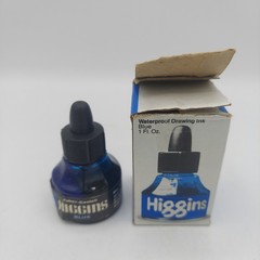 Vintage NOS Higgins Blue Waterproof Drawing Ink 1 Oz Glass Bottle, Faber-Castell