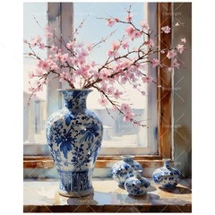 Cherry Blossom Vase Paint by Numbers Kit for Adults DIY Blue Porcelain with …