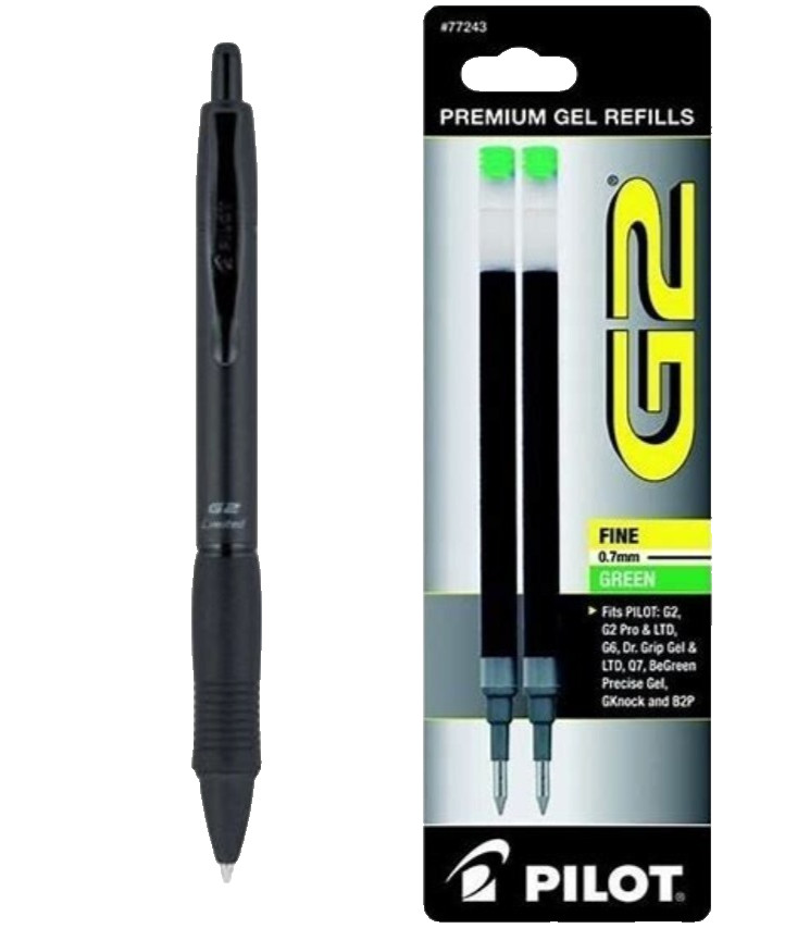 Pilot G2 Limited Metal Gel Pen 0.7mm Matte Black with 2 Green Ink Refills Office