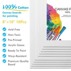 10 Pack 8×10 Inch Canvas Panels, White, Gesso Primed, Cotton, Painting Art