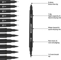 Drawing Pens, 12 Pack Dual Brush Pens Black Markers for Art Drawing Sketching