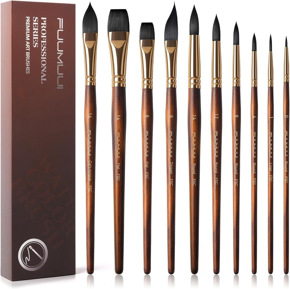 Fuumuui 10Pcs Professional Watercolor Brush Set Synthetic Squirrel Hair Pencils