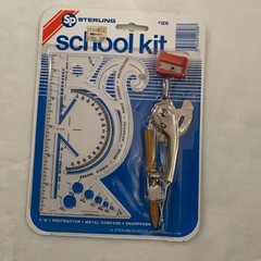 Sterling School Kit 7 in 1 Protractor Metal Compass Sharpener New Vintage NOS