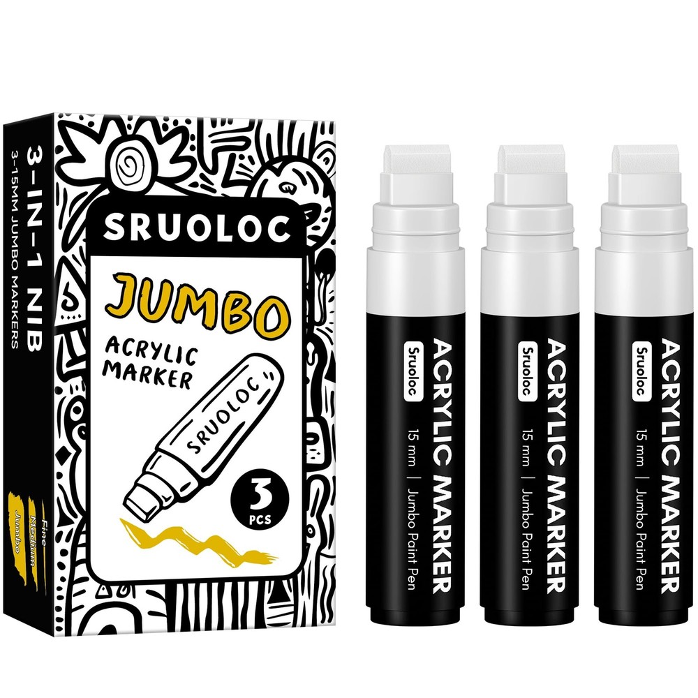 SRUOLOC 3 Jumbo Permanent Markers White, 15mm Thick Wide Tip, Large Acrylic P…