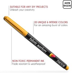 20 Permanent Fabric Markers Pens Set – Non Toxic, Indelible, Fine Point, Textile