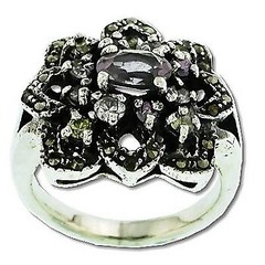 Sterling Silver 24 Marcasite 13 Amethyst Flower Ring