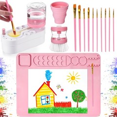 Pink 20×16 Inch Silicone Painting Mat Brush Cleaner Cup Holder 10 Brushes Set