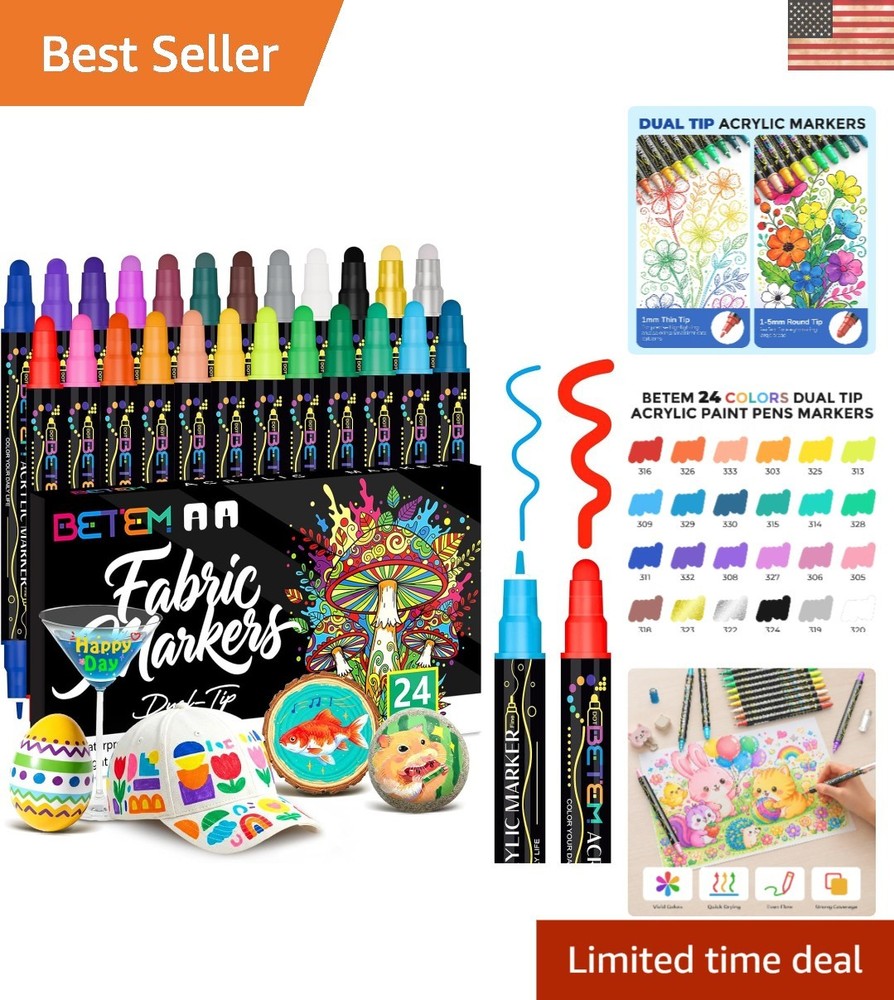 24 Vibrant Water-Based Acrylic Markers – Ideal for Scrapbooking and Fabric Art