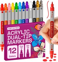 ARTISTRO 12 Acrylic Paint Markers for Rock, Fabric, Wood, Glass, Eggs – Dual-Tip