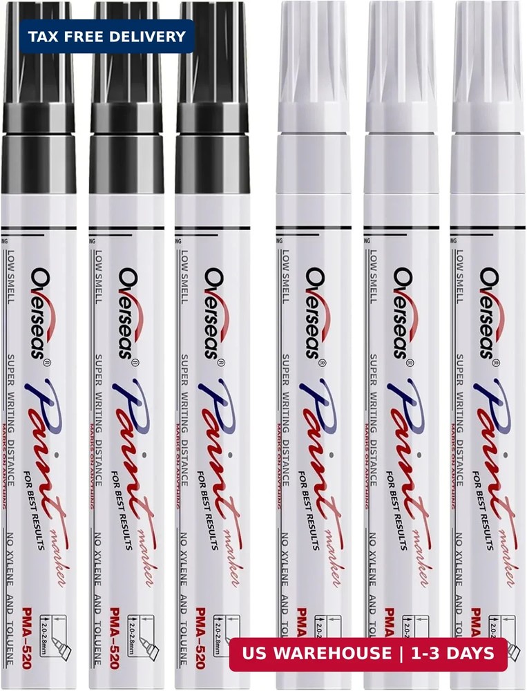 Overseas White and Black Paint Pens, 6 Pack Oil Based Permanent Markers – Medium