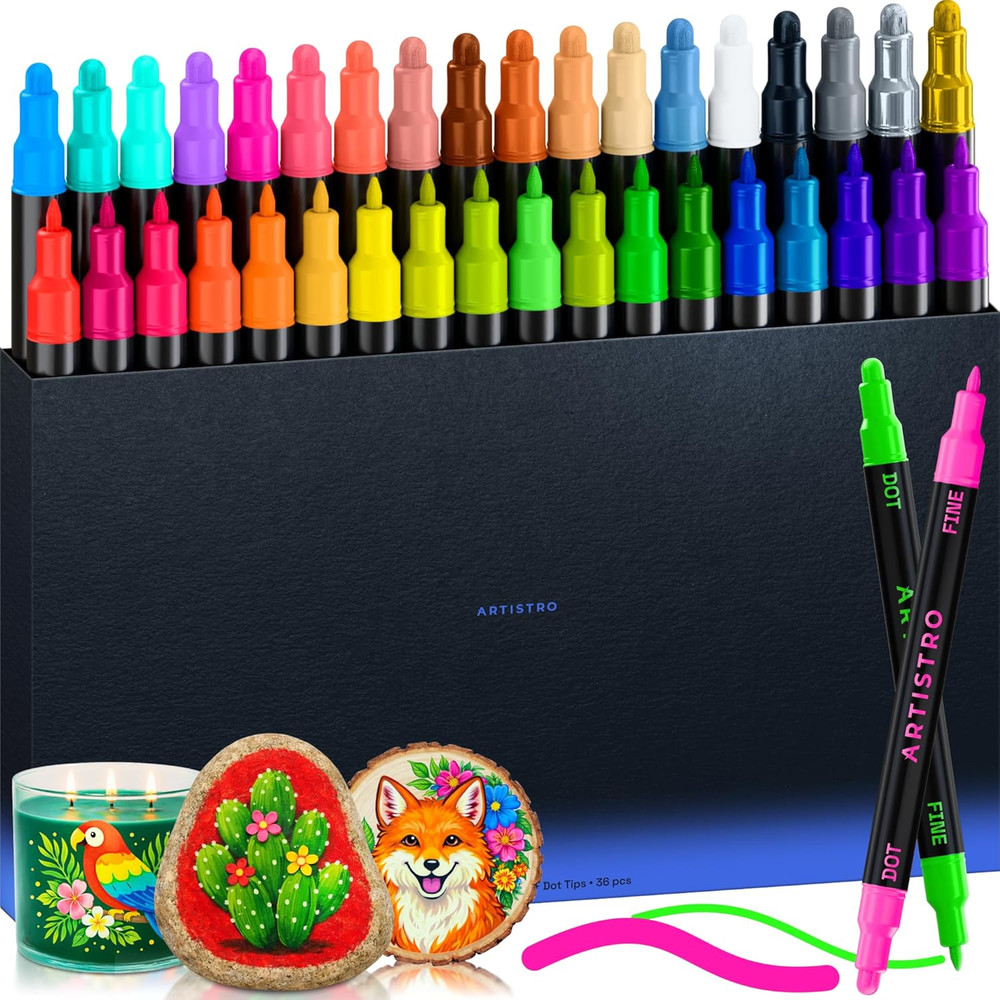 36 Dual Tip Pens, Dot & Fine Tips Paint Markers – Paint Pens Set for Fabric, Roc