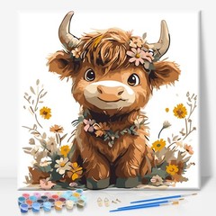 Framed Paint by Numbers Kit for Adults Beginner, Highland Cow Easy Paint by Numb