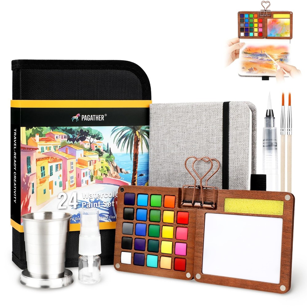 24 Colors Mini Watercolor Travel Set, Portable Watercolor Kit with Water Brus…