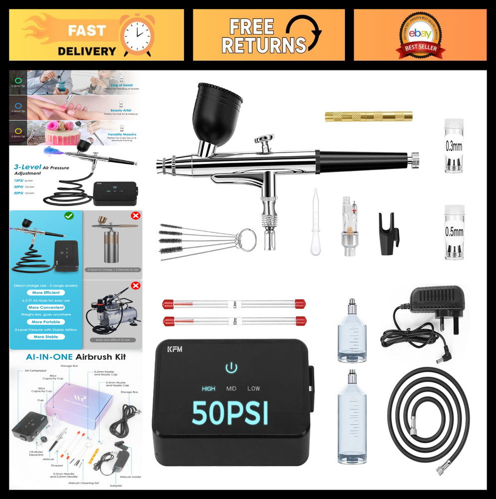 50 PSI Airbrush Kit with Compressor, Dual-Action Gun, 0.2/0.3/0.5mm Nozzles for