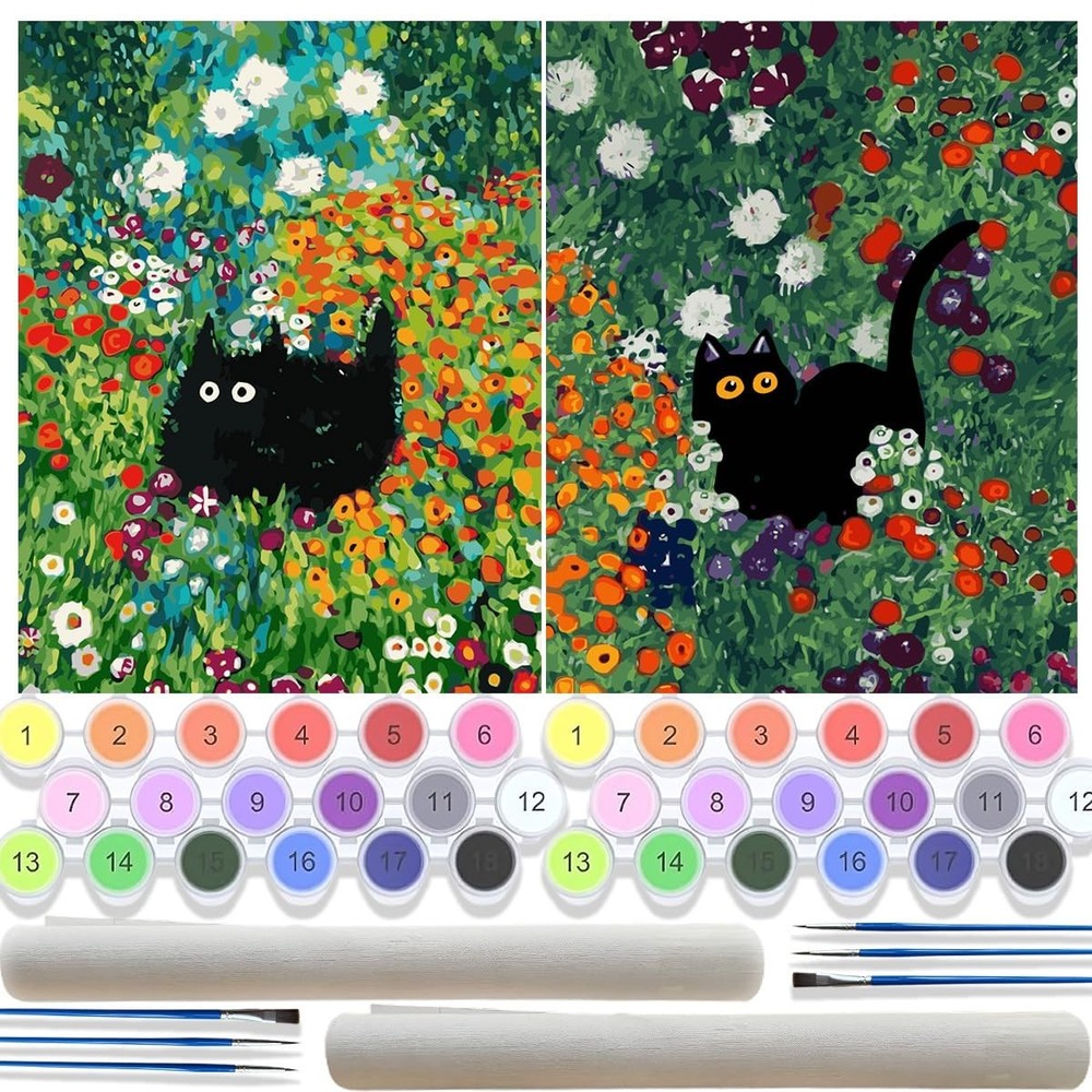 2 Pack Black Cat & Flowers Paint by Numbers Kit for Adults – DIY Acrylic Canvas